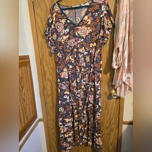 Flutter Floral Midi Dress in Navy with Rust & Cream Accents